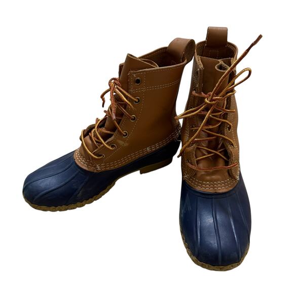 L.L. Bean Womens Duck Boots Tan Blue Leather Waterproof Snow Ankle Boots Size 7M - Picture 6 of 14